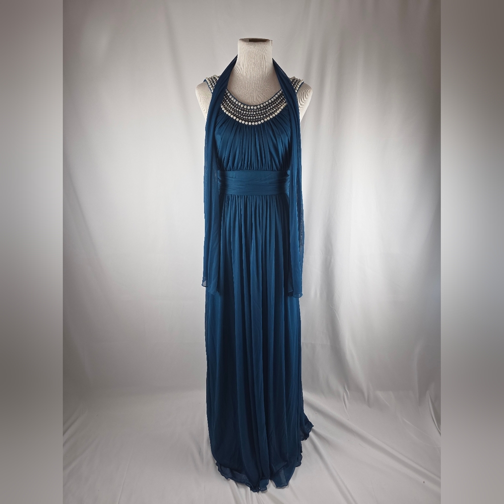 Chic Blue Maxi Dress with Embellished Neckline